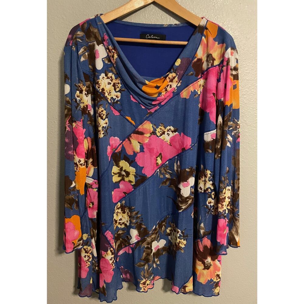 Calessa Tunic Top Womens 2X Blue Multicolor Floral Cowl Neck Stretch Artsy Boho